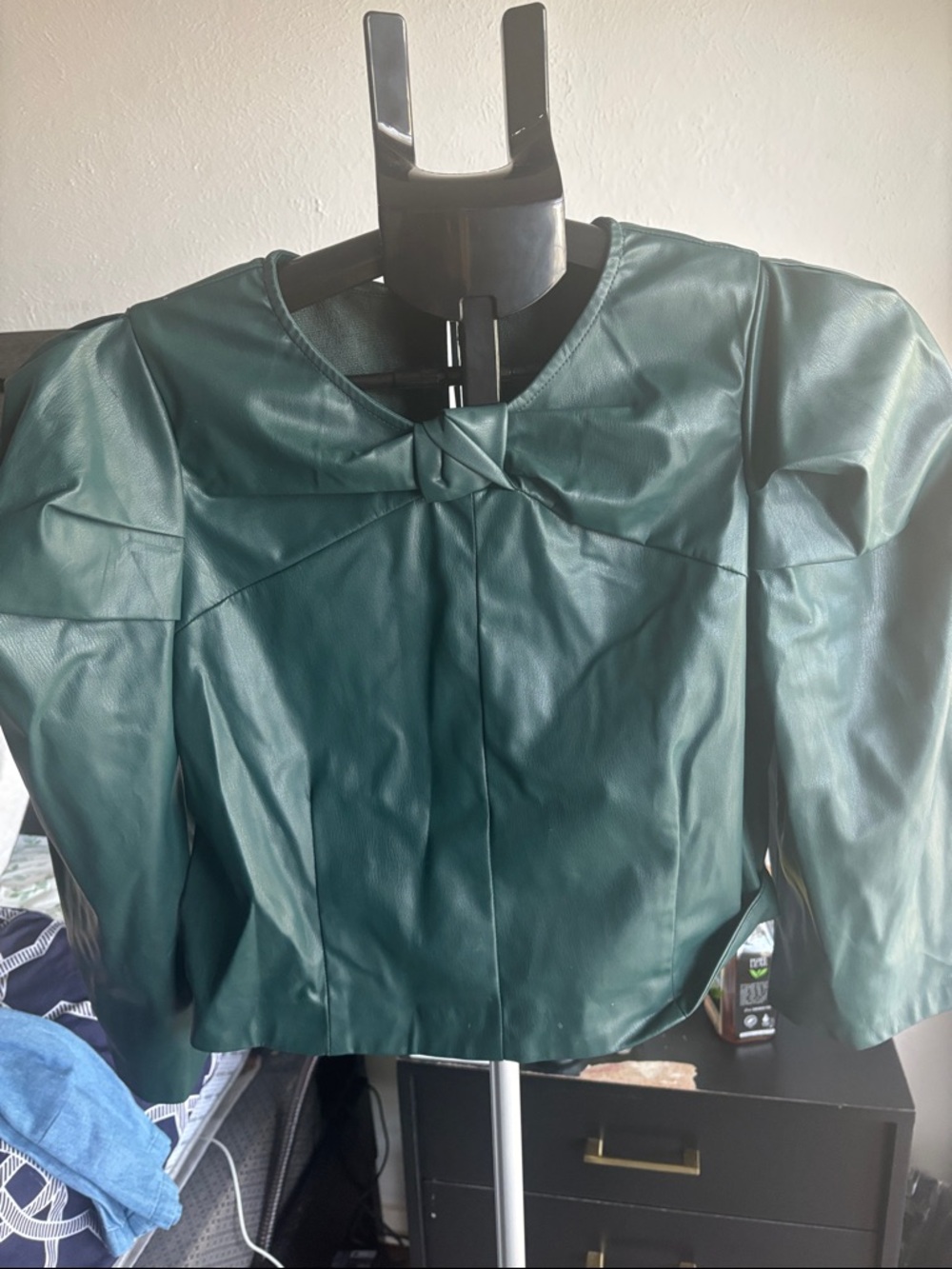Zara Dark Green Faux Leather Puff Sleeve Blouse